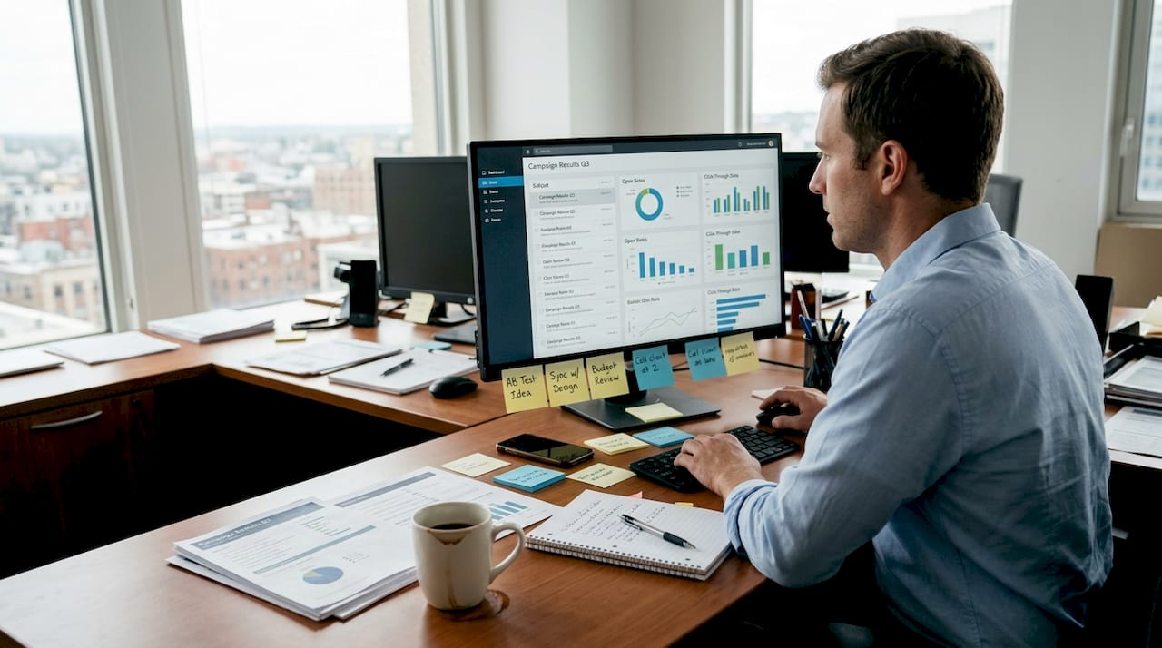 Manager reviewing email list data at cluttered desk