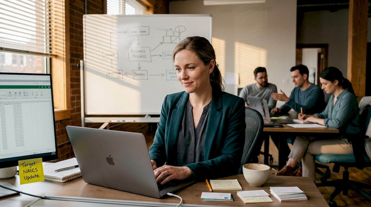 Professional reviewing segmented business list at office desk