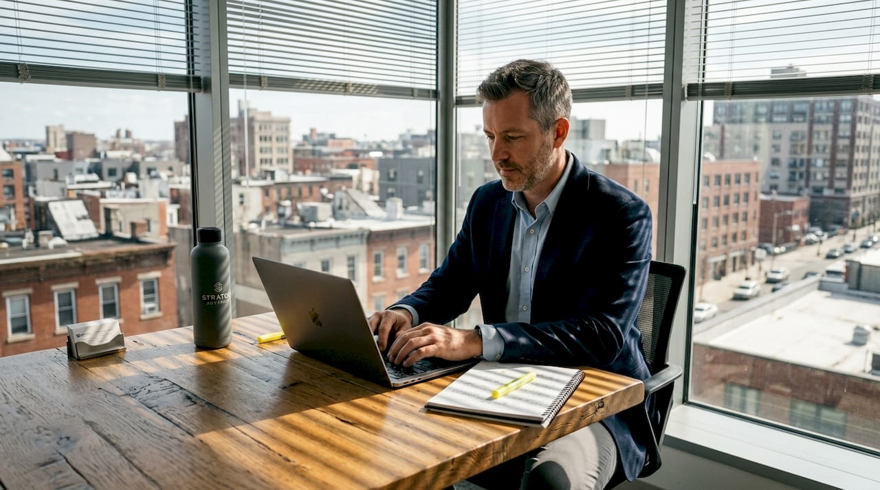 Manager organizing account data in office workspace