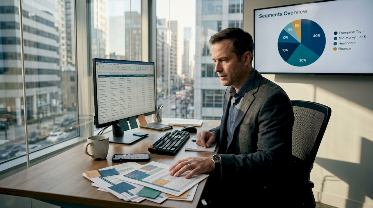 Manager reviews segmented email lists in office