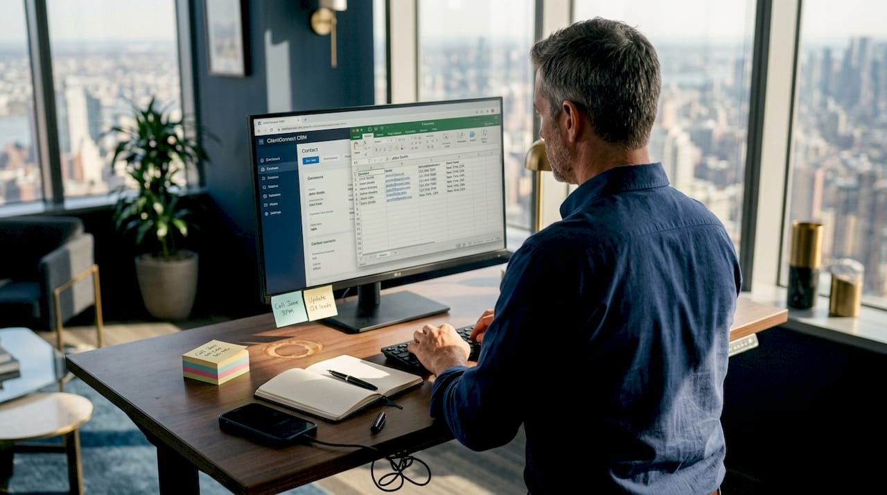 B2B sales manager updating CRM from CSV