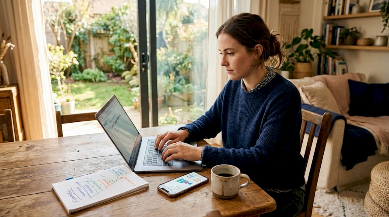 Professional crafts lead nurturing email sequence at kitchen counter