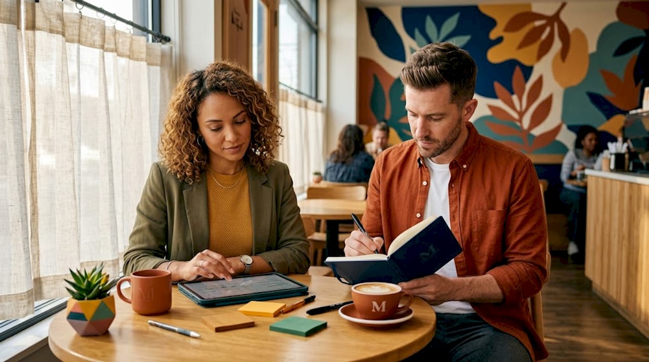 Marketing team plans B2B email campaign at office table