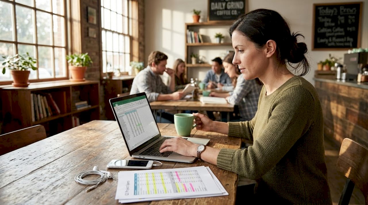 Professional reviewing lead lists at a coworking table