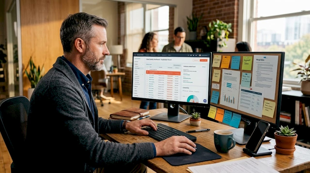 CRM specialist reviewing contact duplicates on screens