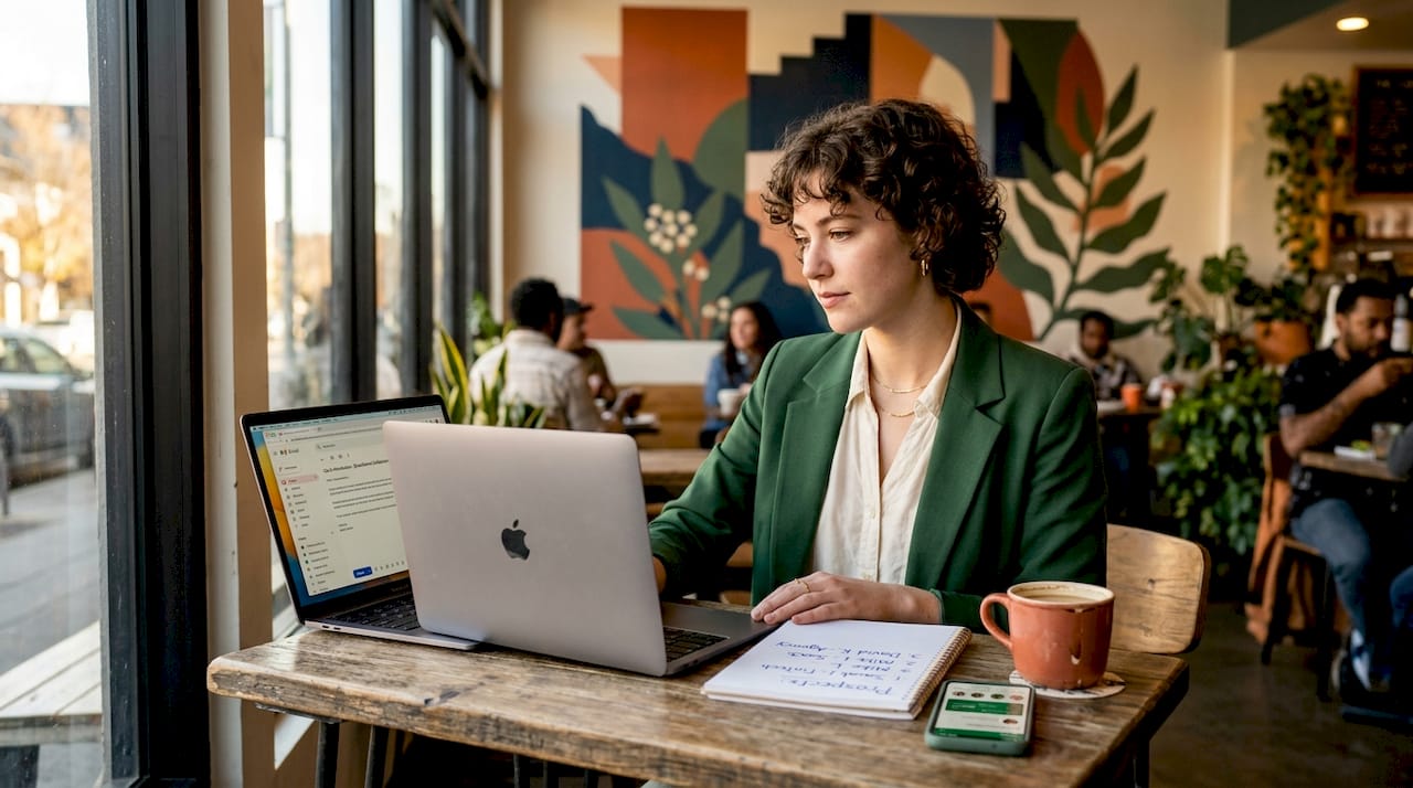 Person composing outreach emails at desk