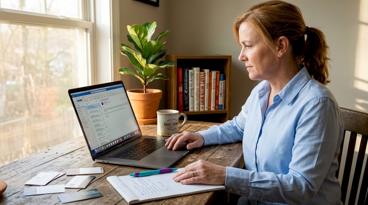 Professional drafting email in corner office