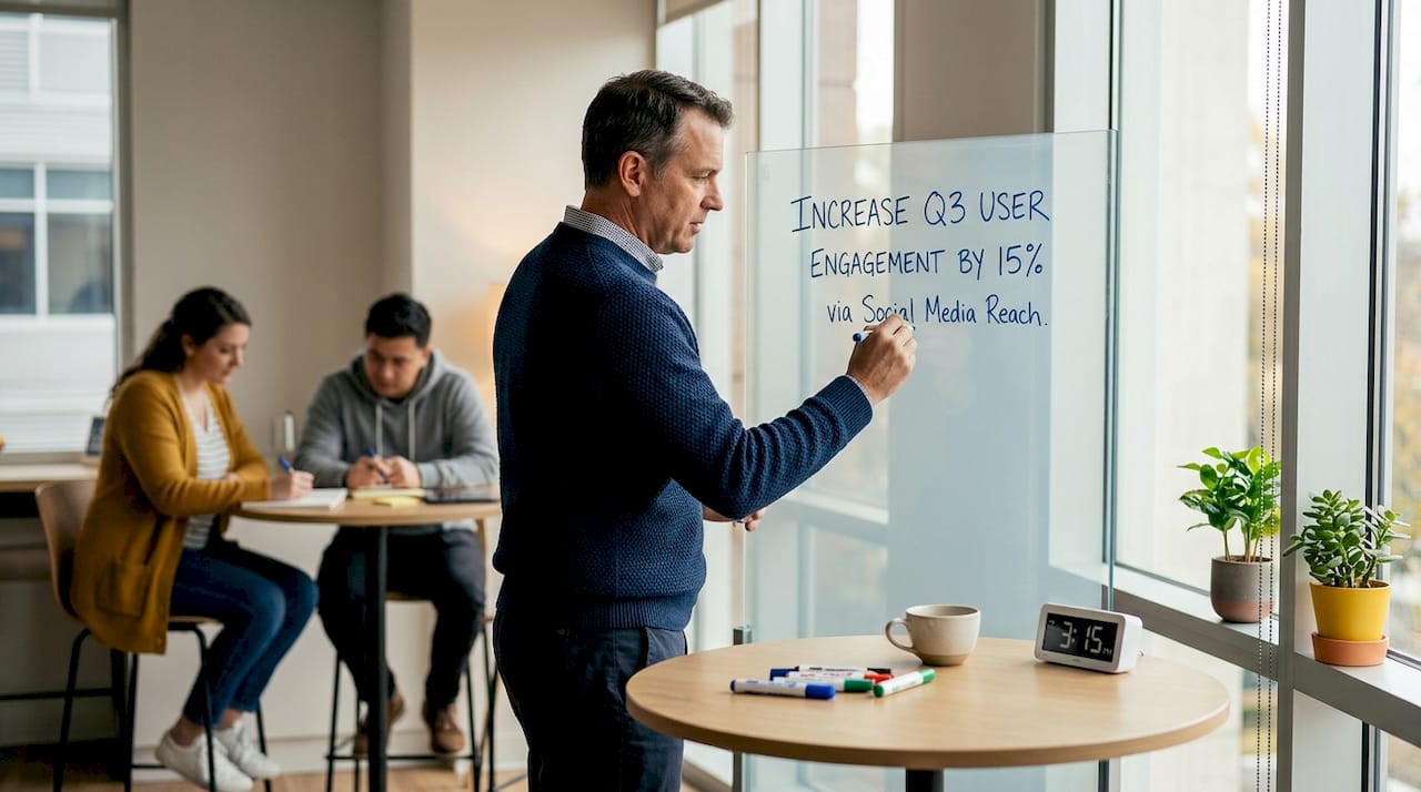 Project lead writes campaign goal on whiteboard