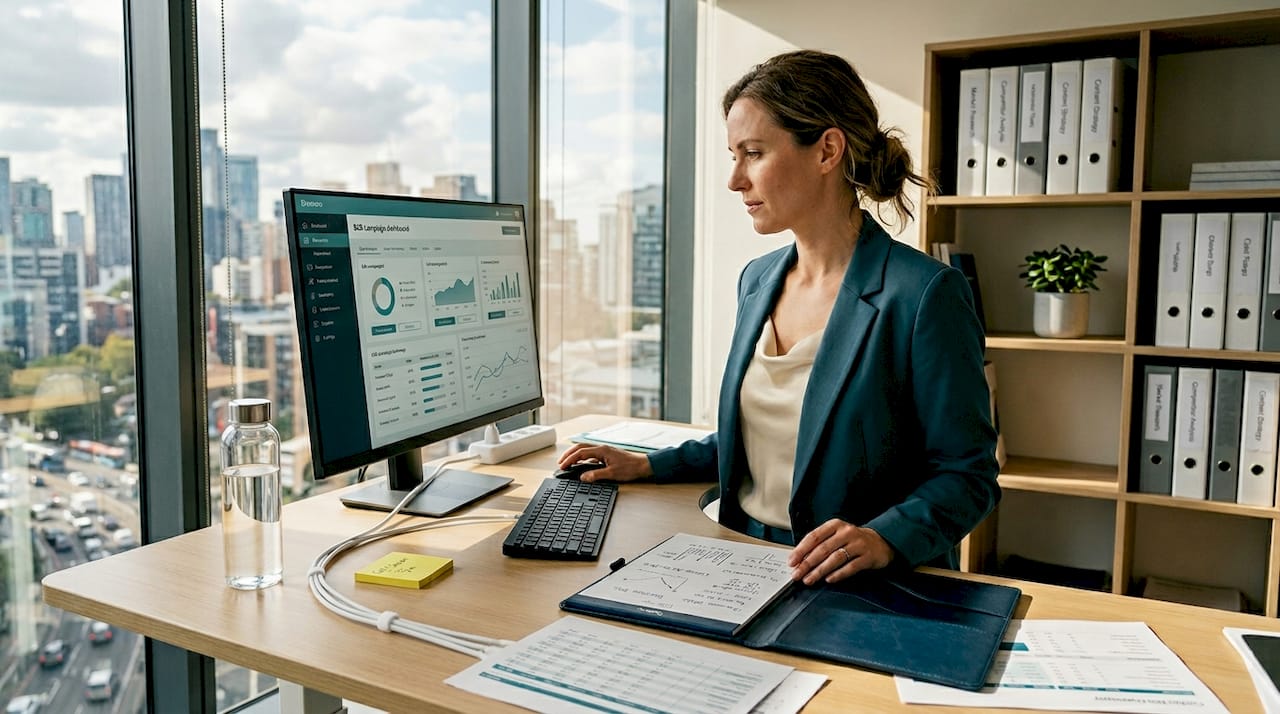 B2B marketer reviews email workflow dashboard