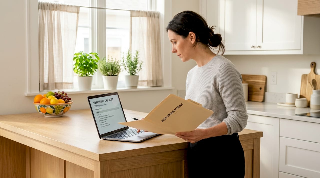 Woman reviewing compliance checklist in home office