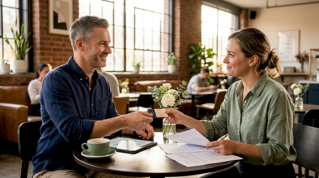 Professionals exchange business card in meeting