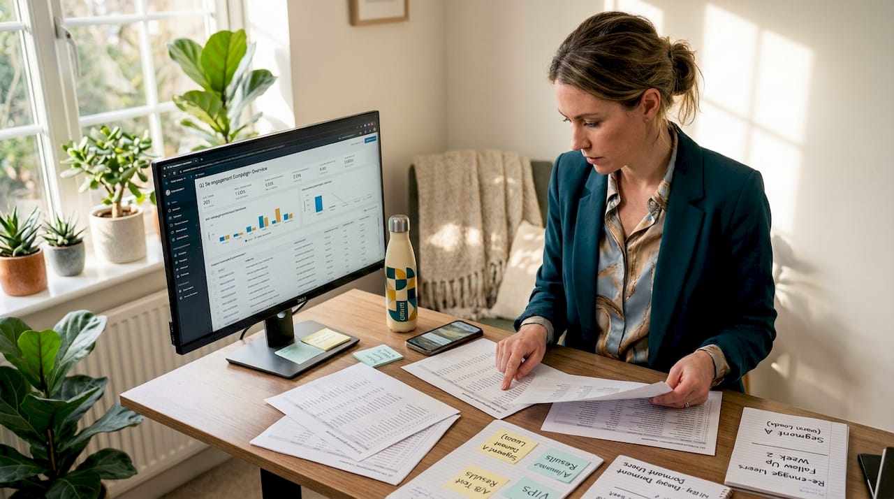 Professional sorting emails at a standing desk