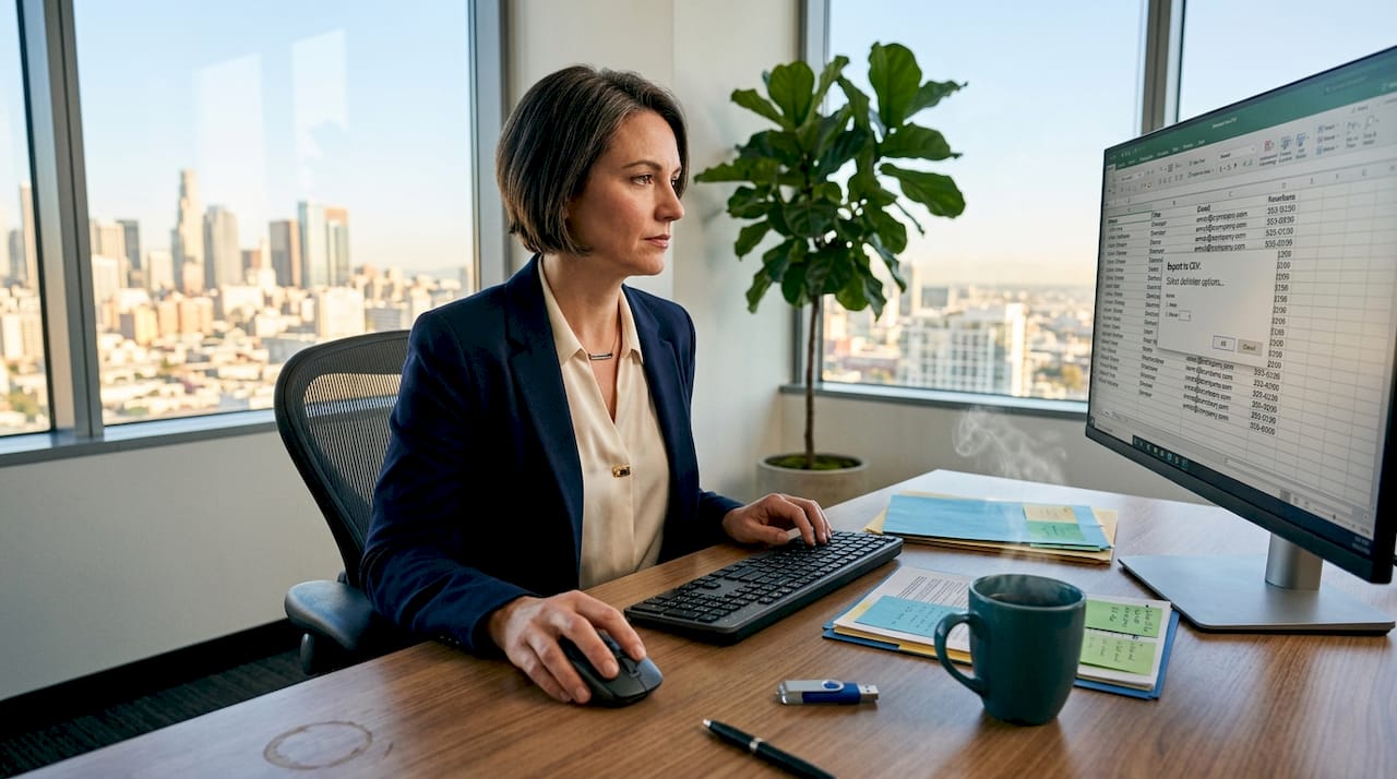Sales manager exporting leads to CSV at desk