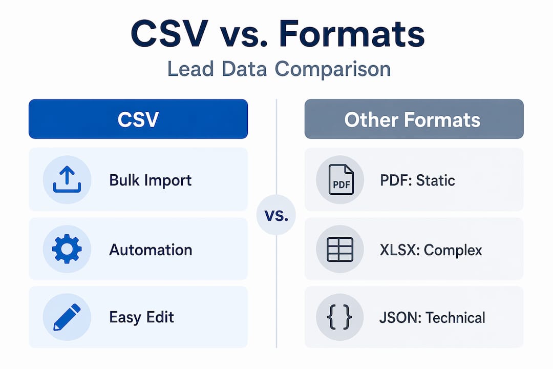 Infographic comparing CSV and other file formats for leads