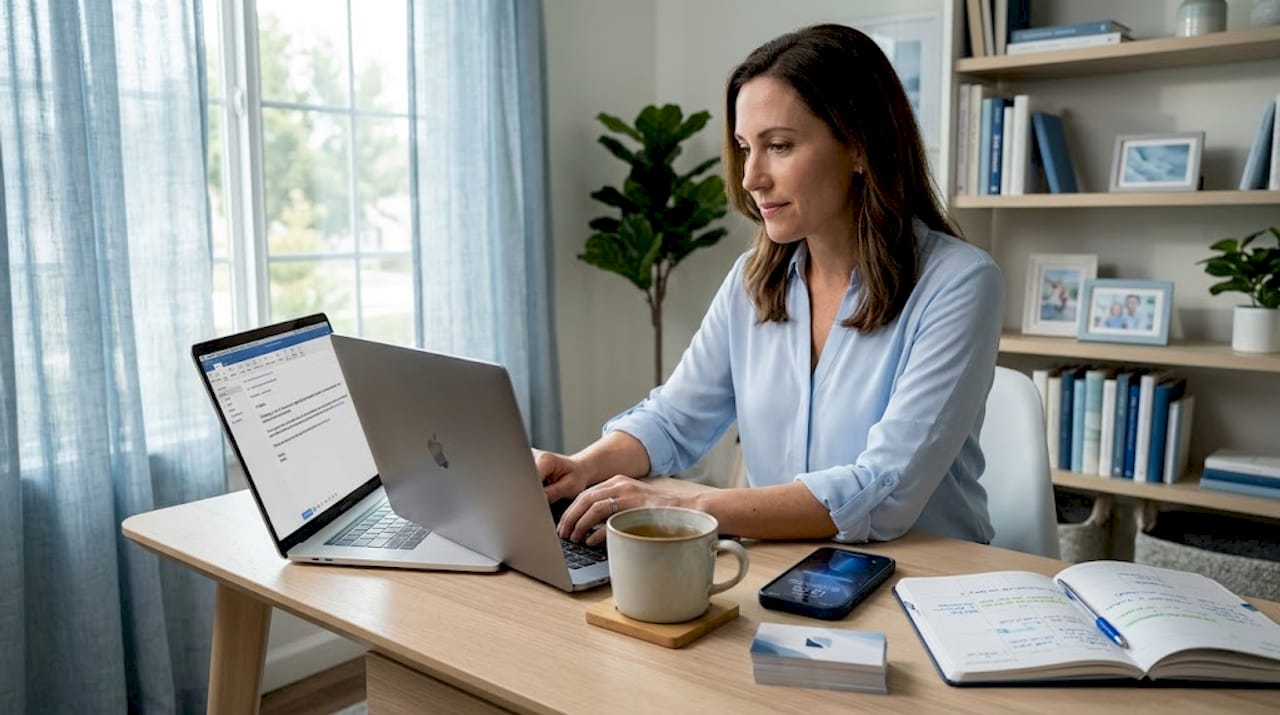 Businesswoman at desk writing B2B email