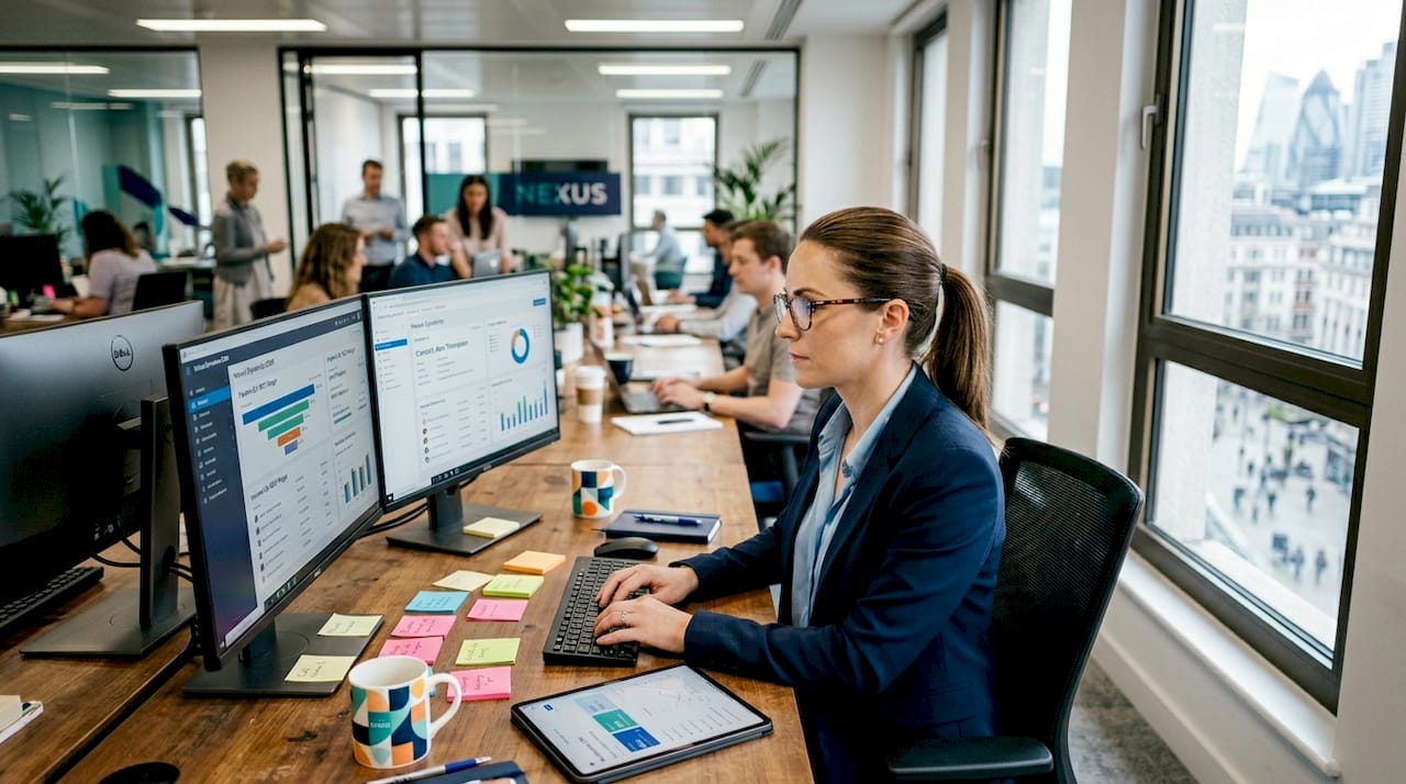 Sales manager updating CRM at desk