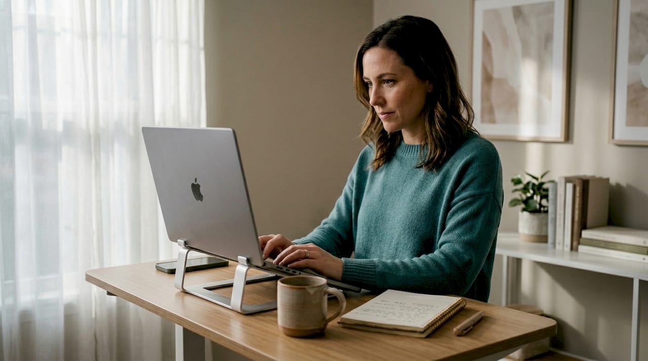 Businesswoman sending cold email from laptop