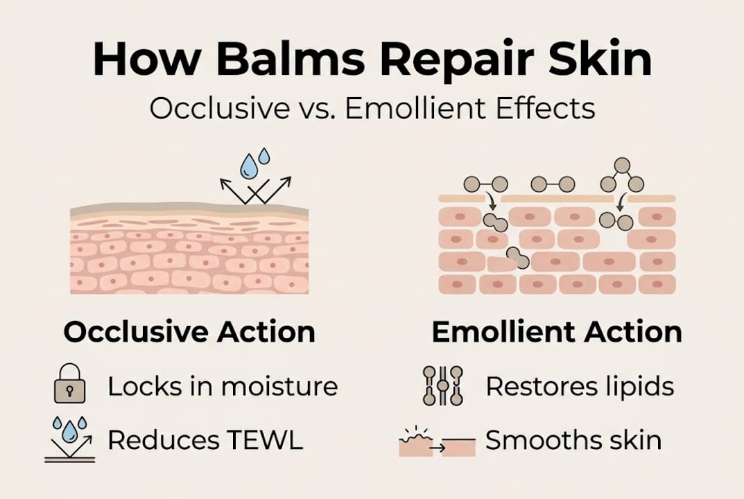 Infographic showing balm actions and benefits