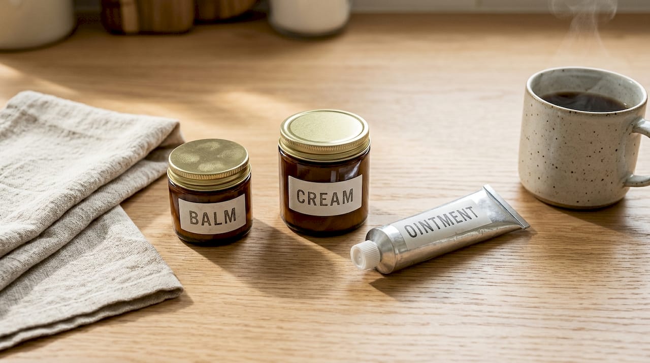 Three skincare products on kitchen counter
