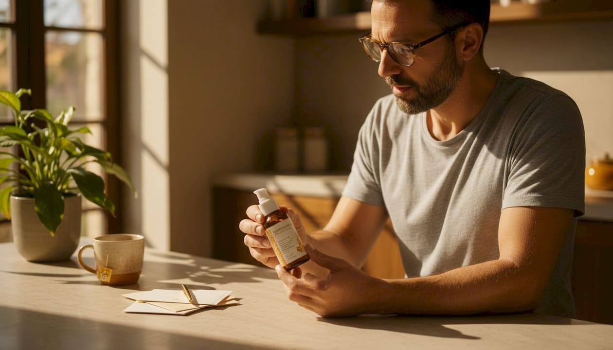 Man reading skincare ingredient label in kitchen