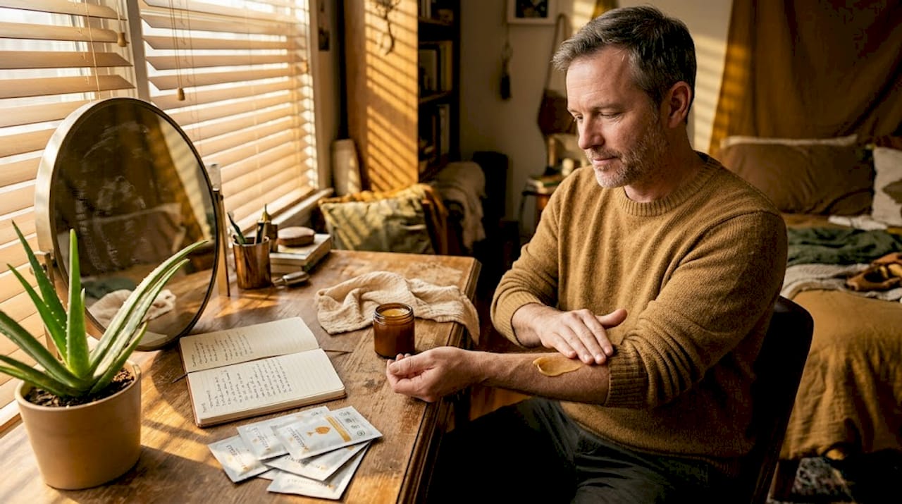 Man using natural moisturizer at home vanity