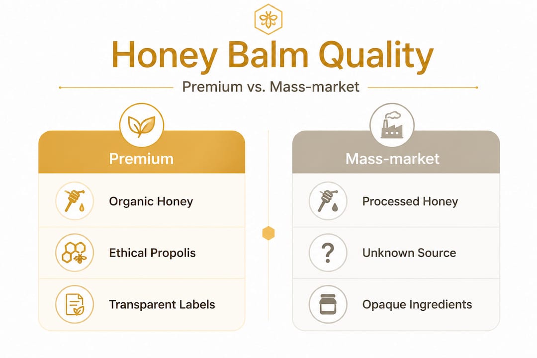 Premium versus mass-market honey balm comparison infographic