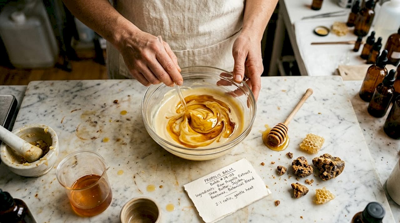 Hands blend propolis into balm in studio lab