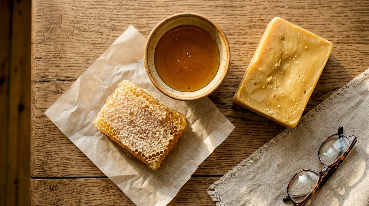 Natural Skincare Explained: Benefits, Antioxidants & Clean Beauty 1 Natural beeswax and honey ingredients on table