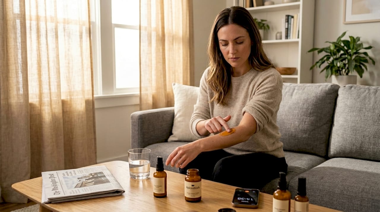 Woman applying skincare for patch test at home