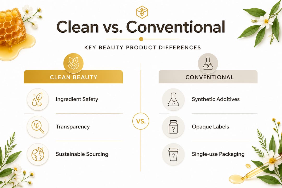 What is clean beauty? Your guide to safer, sustainable skincare 1 Infographic comparing clean and conventional beauty