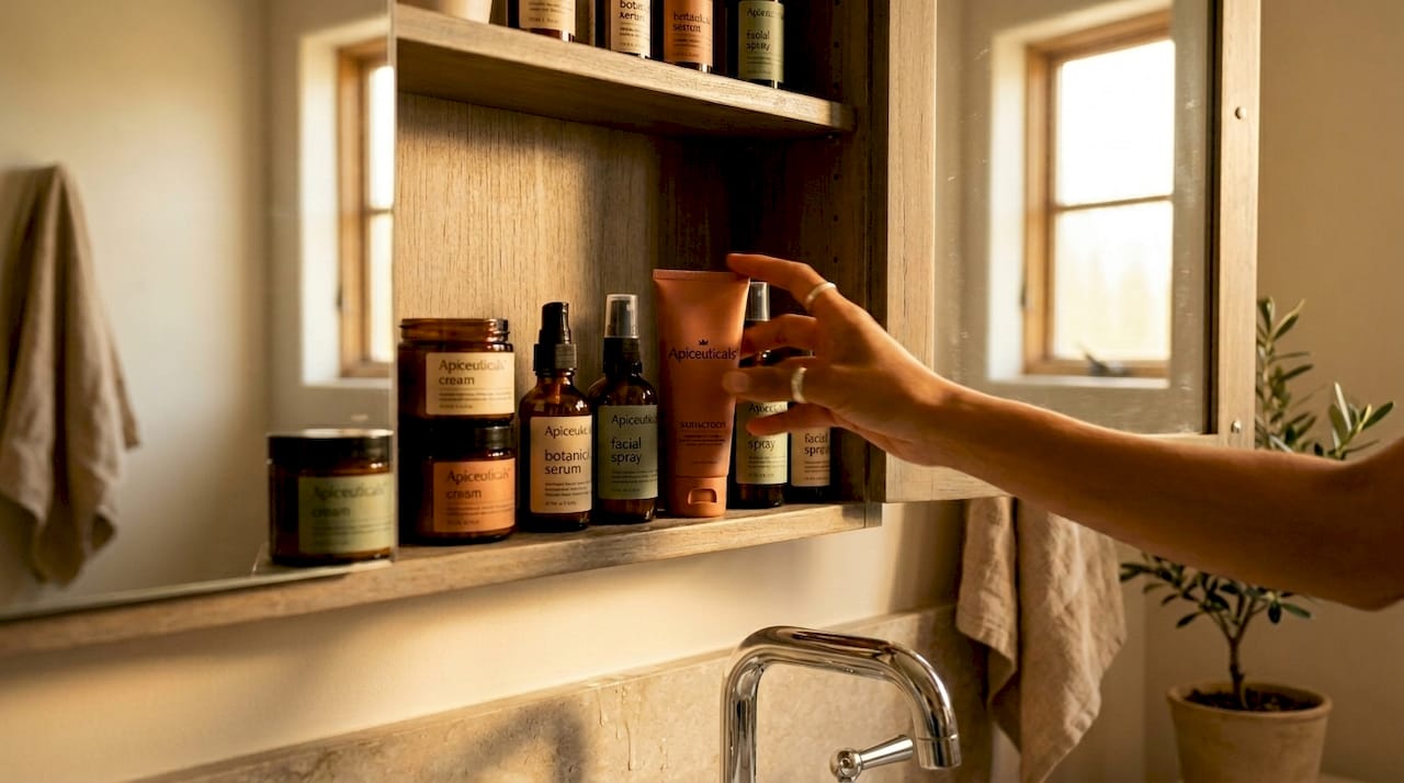 Hand reaching for sunscreen in bathroom cabinet