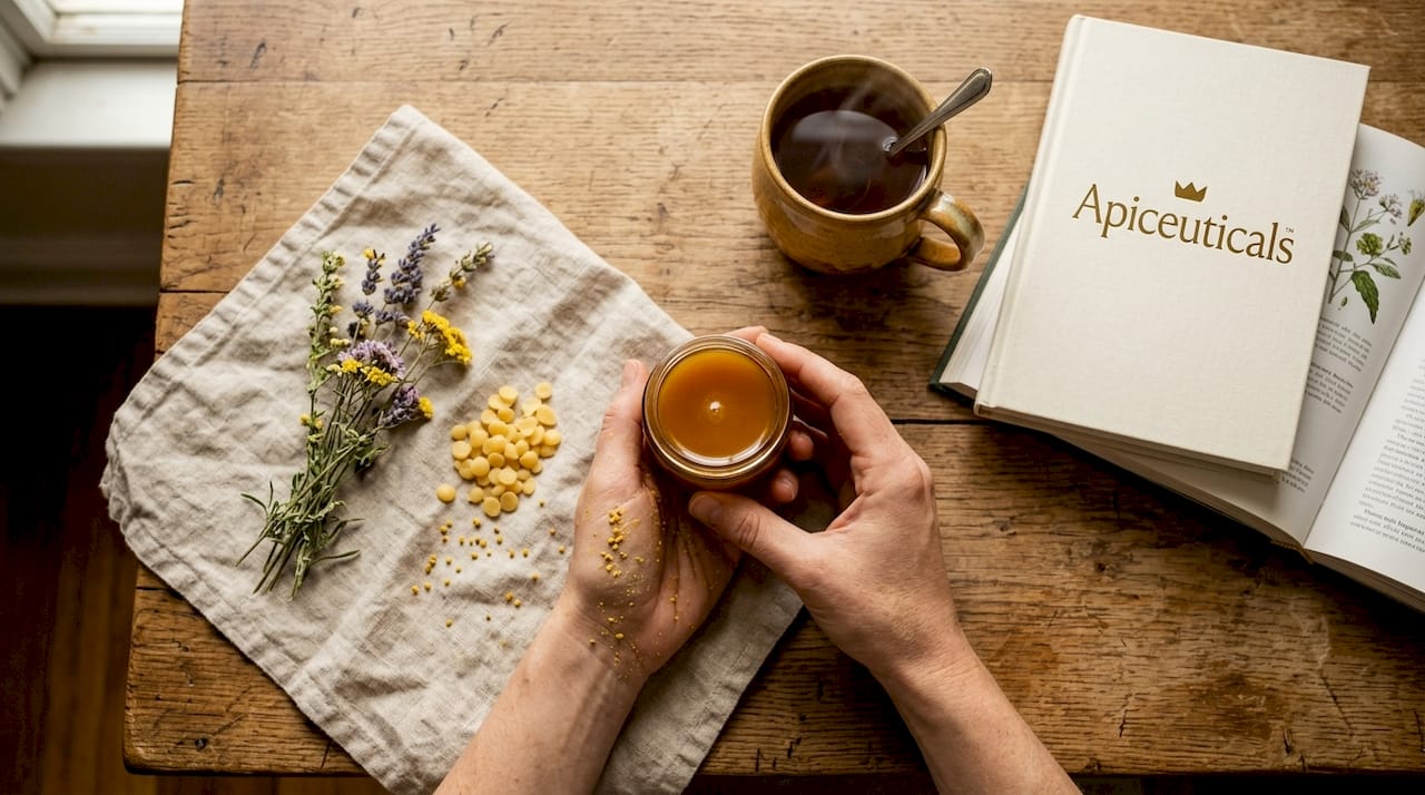 Hands holding honey balm with bee ingredients