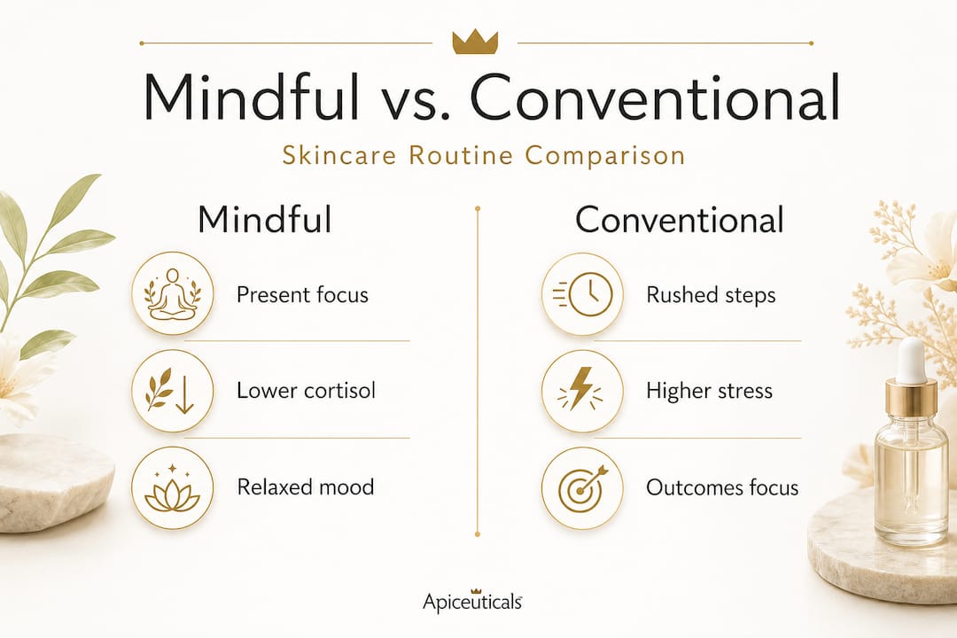 Infographic comparing mindful and conventional skincare routines