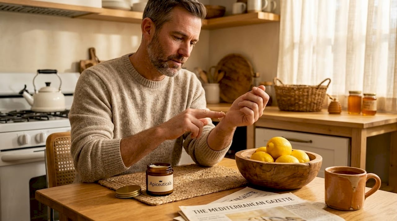 Man using balm for skin repair at kitchen table