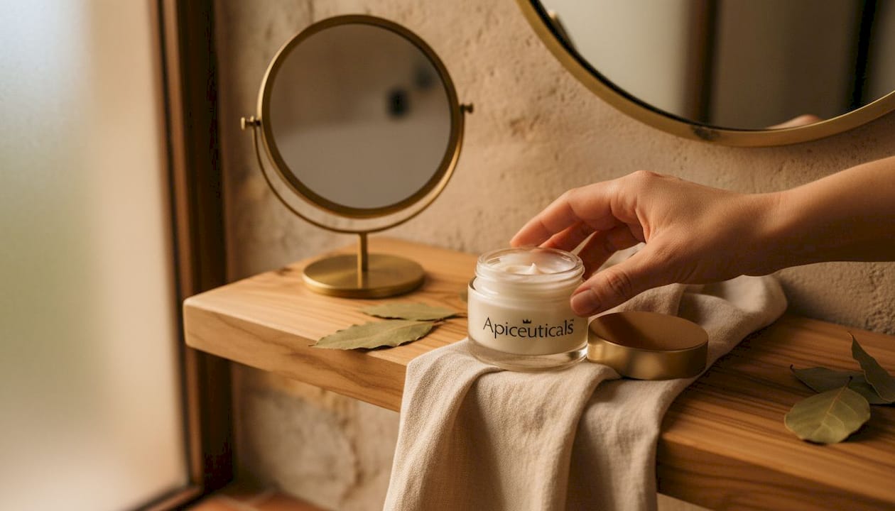 Hand reaching for organic moisturizer bathroom