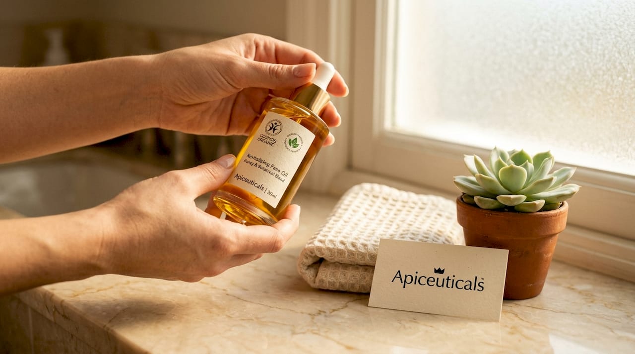 Hands holding organic skincare bottle with certification label