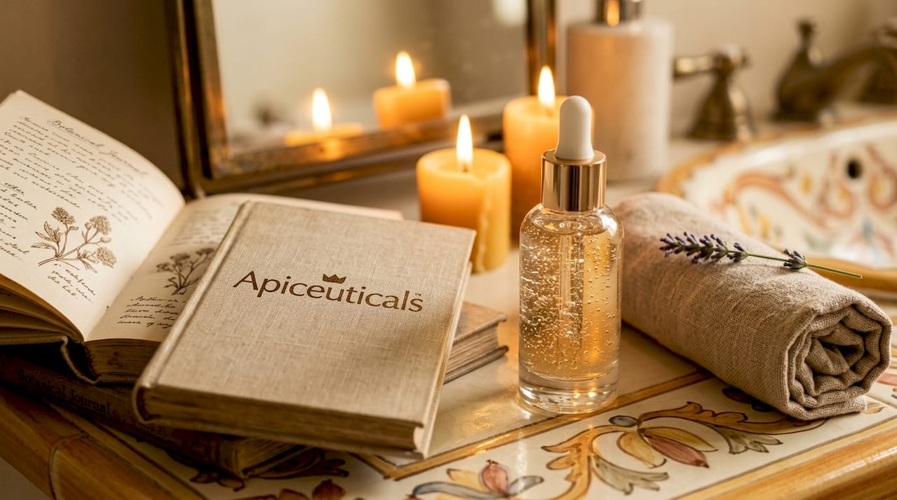 Vitamin C serum bottle with realistic bathroom props