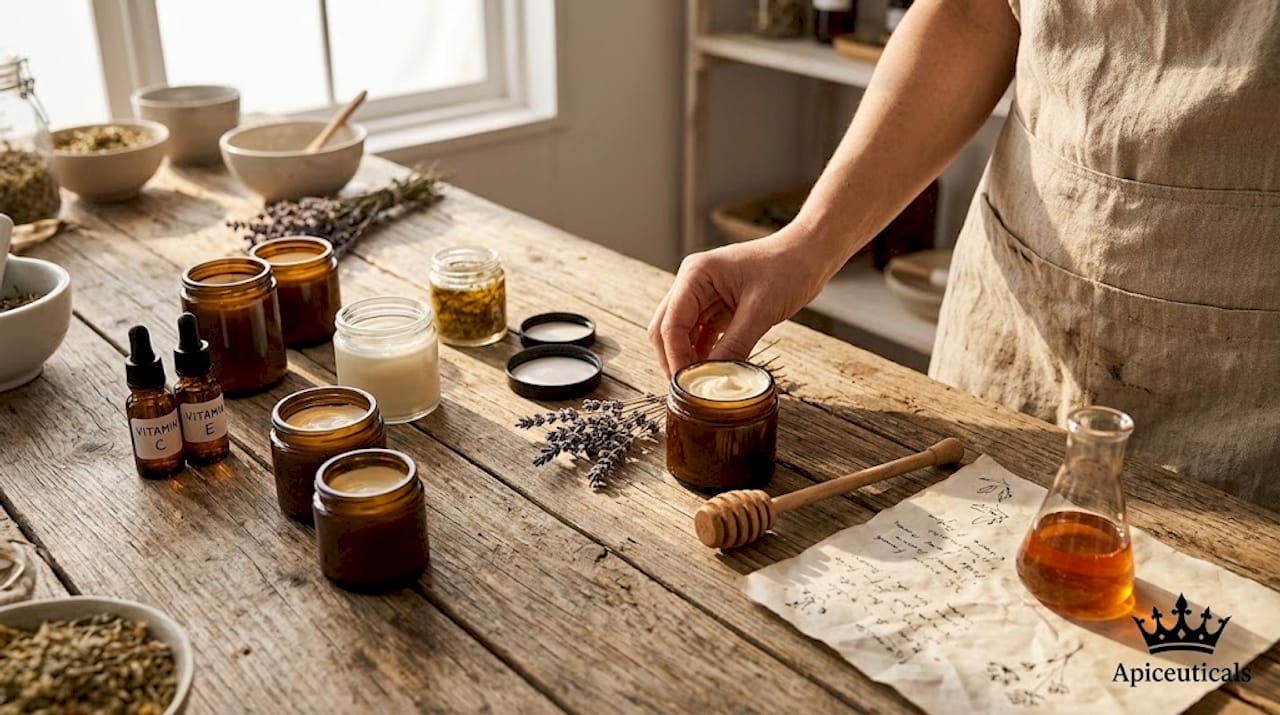Lab bench with antioxidants and skincare jars