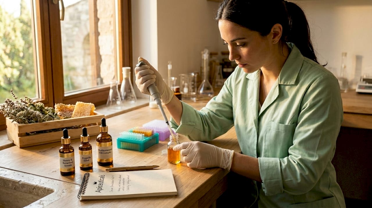 Technician blending serum at laboratory bench