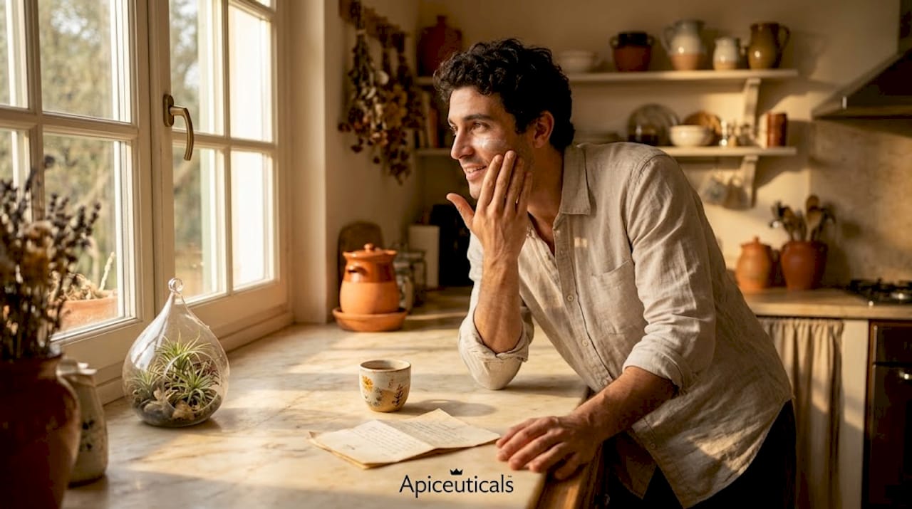 Man applying sunscreen at kitchen counter