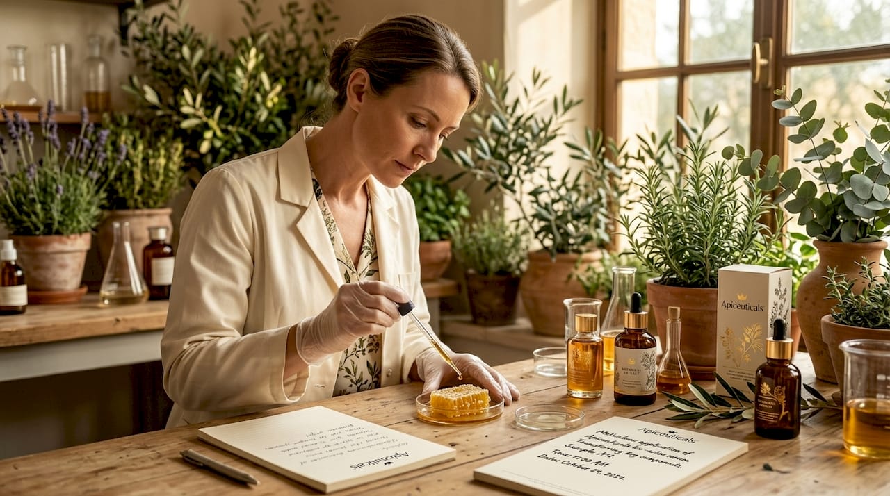 Lab technician testing antioxidant serum on honeycomb