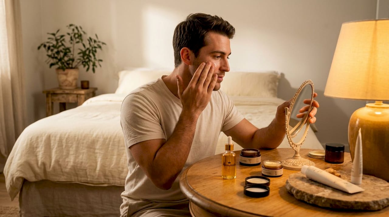Man applying moisturizer at bedroom vanity