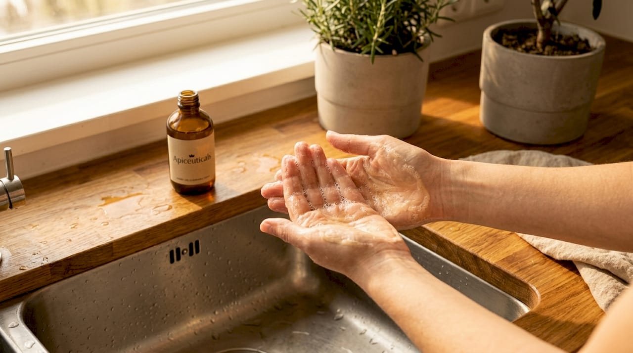 How to Soothe Sensitive Skin: Science-Backed Strategies 1 Hands using gentle cleanser at bathroom sink