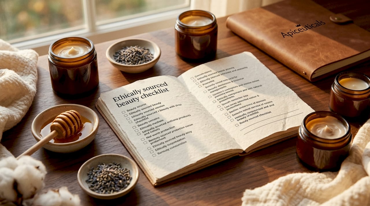 Flat lay of ethical beauty checklist and natural products
