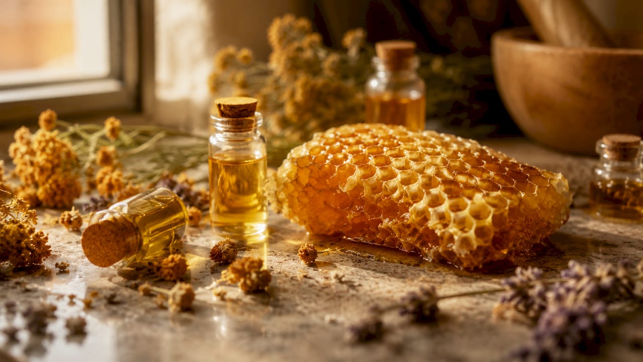 Honeycomb and botanical oils on stone surface