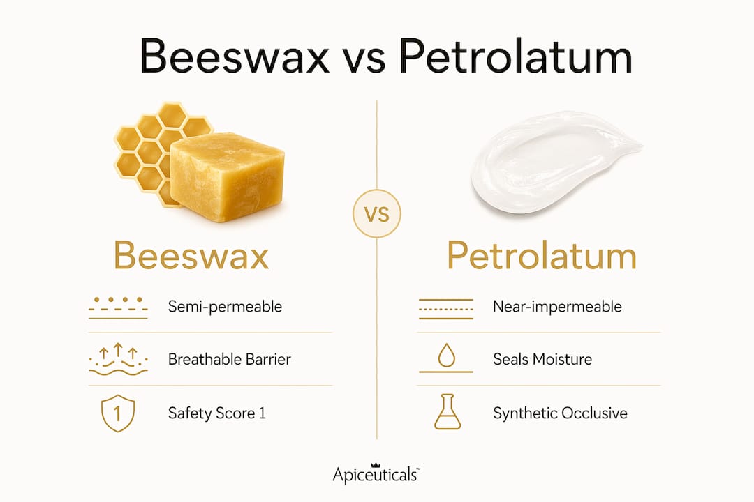 Infographic comparing beeswax and petrolatum occlusive properties