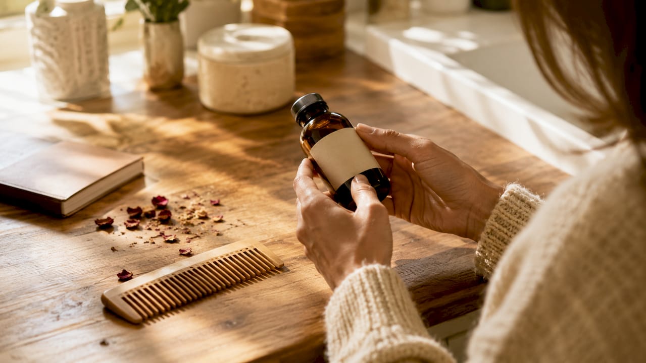 Hands examining non-toxic haircare product label