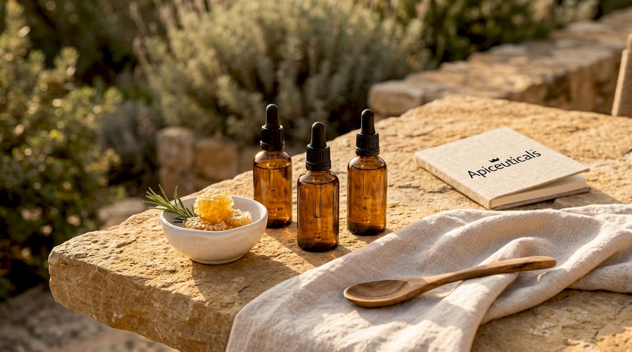 What Is Microbiome-Friendly Skincare and Why It Matters 1 Amber bottles with skincare serums on stone surface