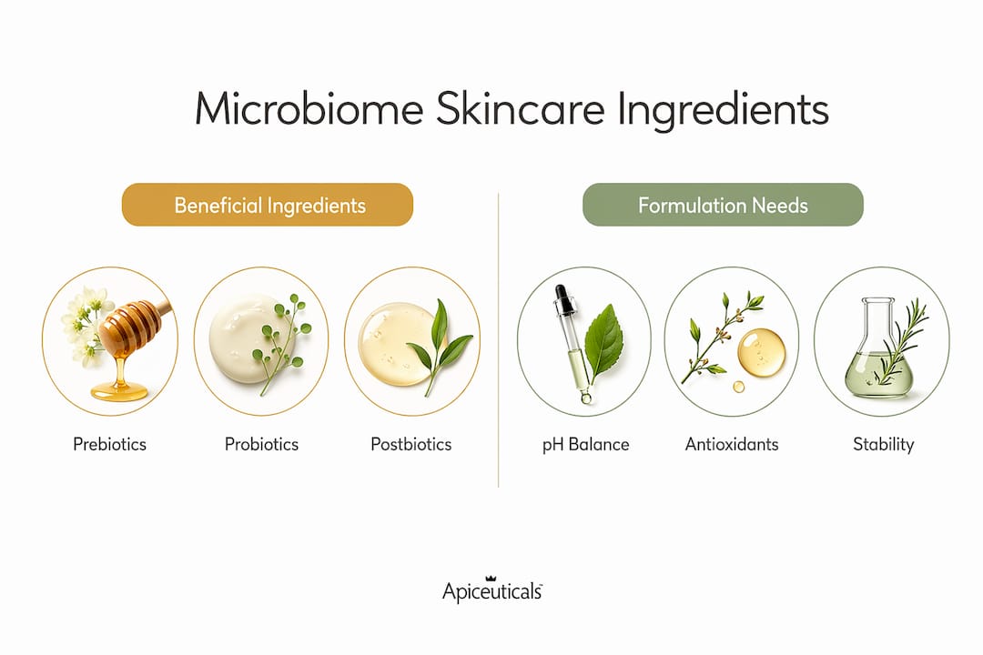 What Is Microbiome-Friendly Skincare and Why It Matters 2 Infographic comparing beneficial ingredients and formulation needs