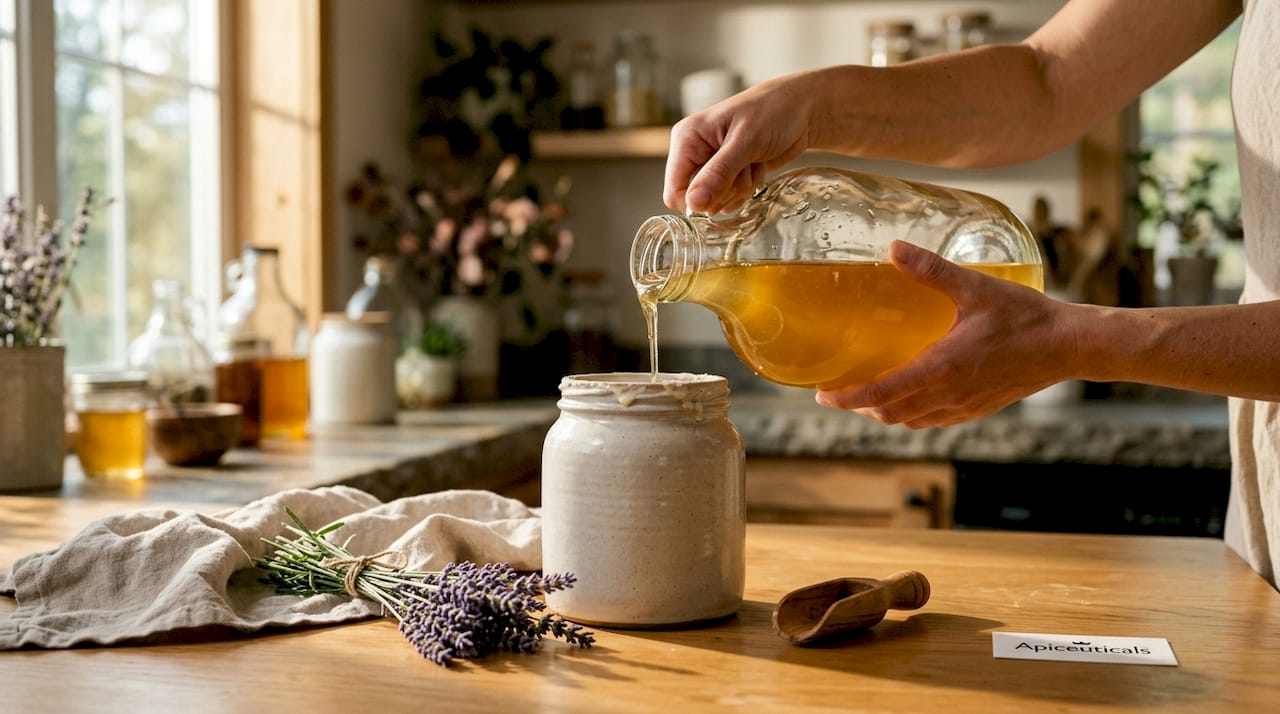 Hands refilling reusable beauty container on stone